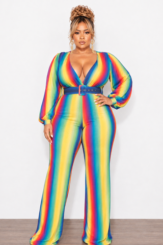 Final Sale Plus Size Long Sleeve Deep V Belted Wide Leg Jumpsuit in Rainbow Print