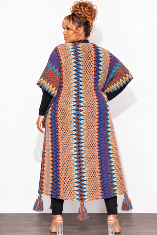 Final Sale Plus Size Knitted Cardigan with Bottom Tassels in Blue, Brown and Black