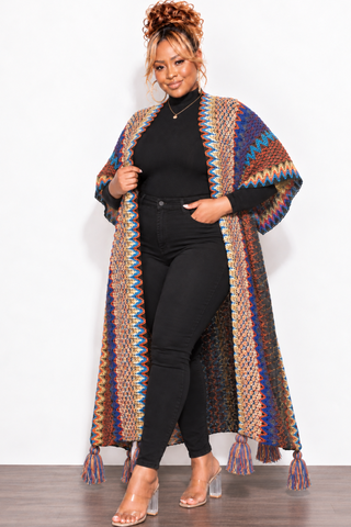 Final Sale Plus Size Knitted Cardigan with Bottom Tassels in Blue, Brown and Black