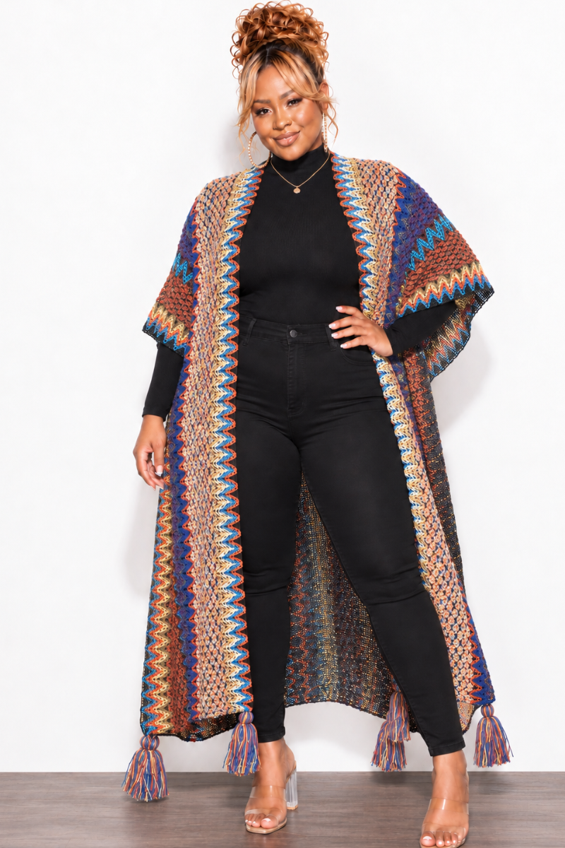 Final Sale Plus Size Knitted Cardigan with Bottom Tassels in Blue, Brown and Black