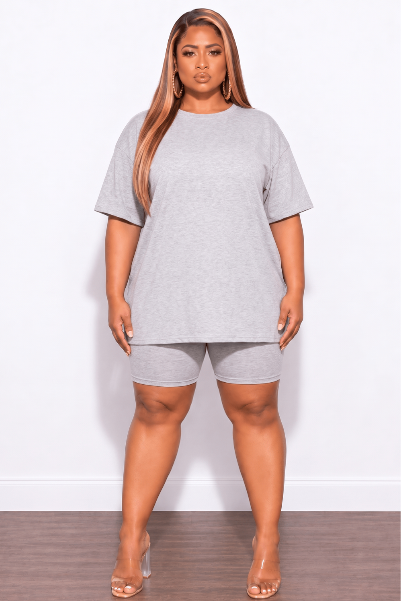 Final Sale Plus Size 2pc Scoop Tunic Top and Matching Shorts Set in Gray