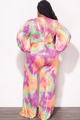 Final Sale Plus Size Faux Wrap Jumpsuit with Attached Tie in Orange Purple Green and Gold Foil Tie Dye Print