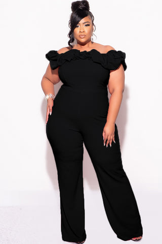 Final Sale Plus Size Off the Shoulder Ruffle Trim Jumpsuit in Black