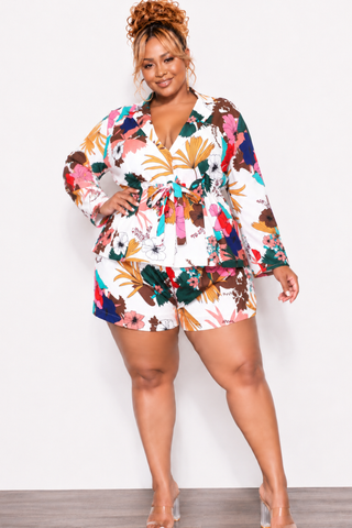 Final Sale Plus Size 2pc Drawstring Blazer and High Waist Shorts in White Multi Color Tropical Print