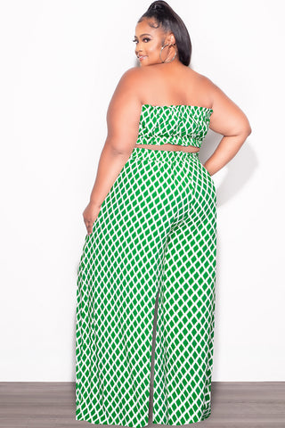 Final Sale Plus Size 2pc Strapless Crop Top and Flare Pants Set In Green & White Print