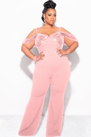 Final Sale Plus Size Off The Shoulder Faux Wrap Sequin Jumpsuit Mauve Pink