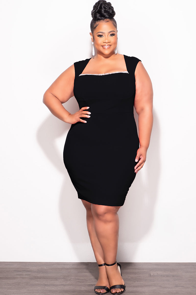 Final Sale Plus Size Bodycon Dress with Rhinestone Lined Bust and Wide Strap Mini Dress in Black - 1x 14/16 Final Sale Plus Size Bodycon Dress with Rhinestone Lined Bust and Wide Strap Mini Dress in Black - 1x 14/16