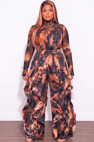 Final Sale Plus Size 2pc Set Mesh Top & Wide Leg Drawstring Oversized Windbreaker Wavy Halter Jumpsuit in Rust & Black Leopard