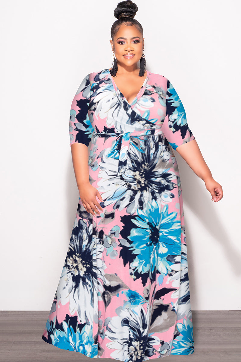 Final Sale Plus Size Faux Wrap Dress in Blue Floral Print