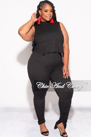 Final Sale Plus Size 2pc Mock Neck Side Knot Tie Crop Top and Ruched Pants Set in Black