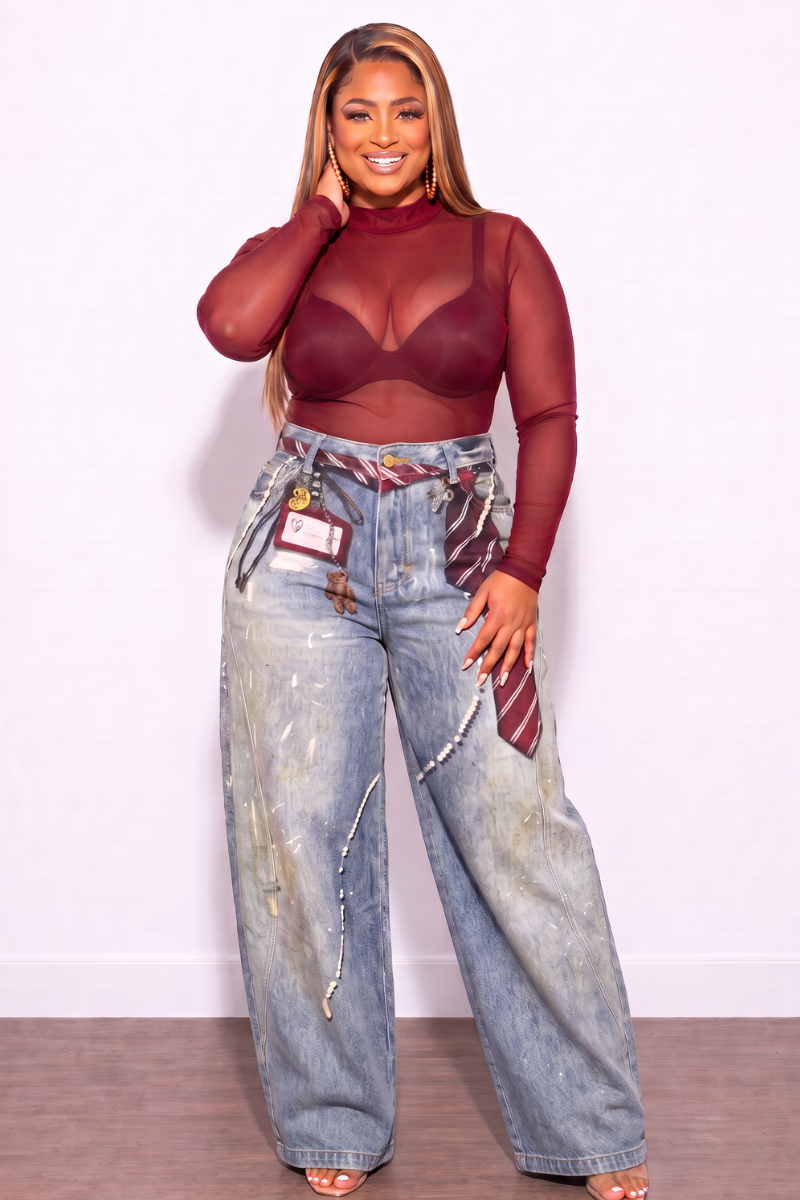 Final Sale Plus Size Printed Jeans With Flare Legs Burgundy Tie Print
