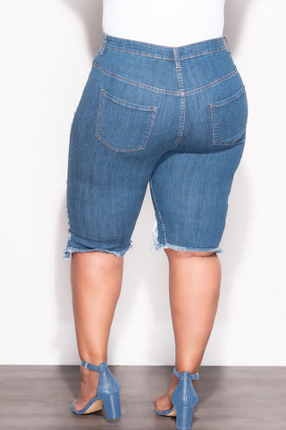 Final Sale Plus Size Distress Bermuda Shorts in Dark Denim