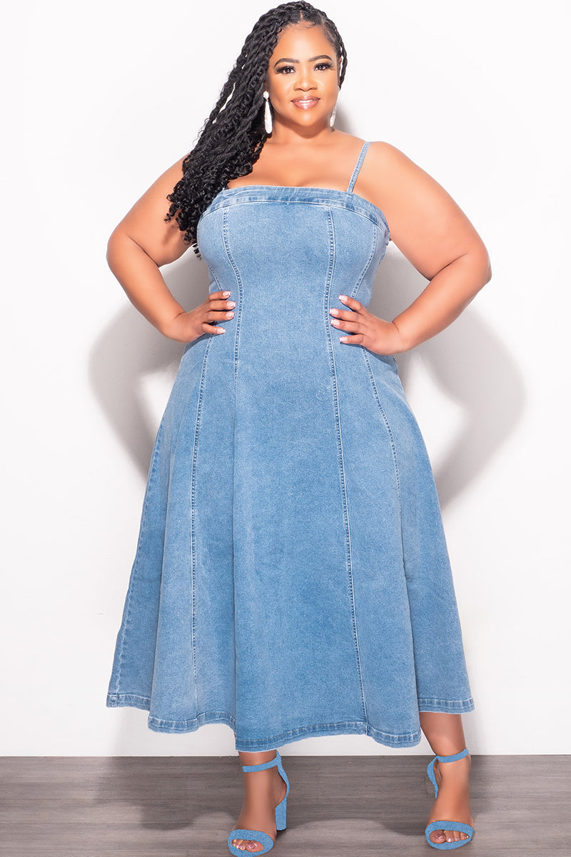 Final Sale Plus Size Spaghetti Strap Flare Dress in Denim Chic And Curvy Final Sale Plus Size Spaghetti Strap Flare Dress in Denim Chic And Curvy