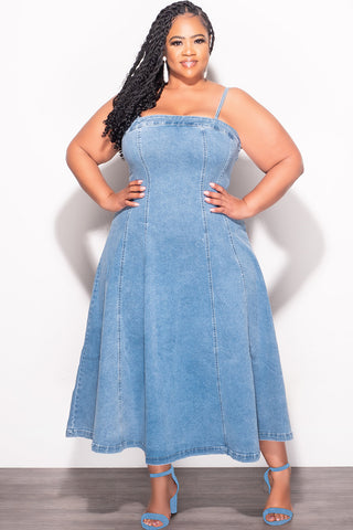 Final Sale Plus Size Spaghetti Strap Flare Dress in Denim Final Sale Plus Size Spaghetti Strap Flare Dress in Denim