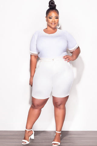 Final Sale Plus Size 2pc Set Pearl Studded Top & Shorts in Ivory