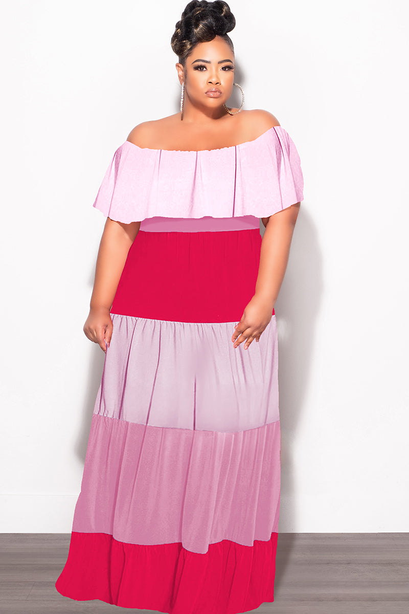 Final Sale Plus Size Off The Shoulder Tiered Maxi Dress in Pink and Re Chic And Curvy Final Sale Plus Size Off The Shoulder Tiered Maxi Dress in Pink and Re Chic And Curvy