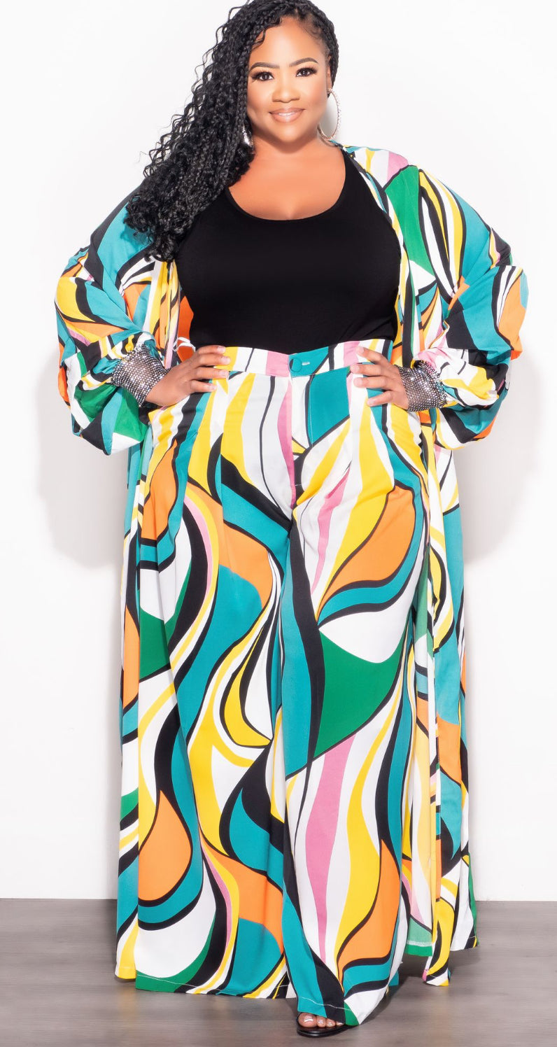 Final Sale Plus Size 2pc Chiffon Kaftan with Bling Cuffs and Pants Set in Turquoise Multi Color Design Print