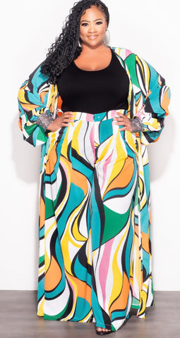 Final Sale Plus Size 2pc Chiffon Kaftan with Bling Cuffs and Pants Set in Turquoise Multi Color Design Print