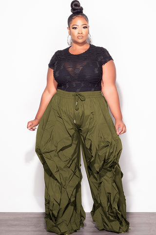 Final Sale Plus Size Wide Leg Drawstring Oversized Windbreaker Wavy Pants in Olive