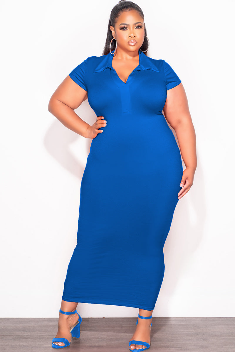 Final Sale Plus Size Collar V Neck Midi Dress in Royal Blue