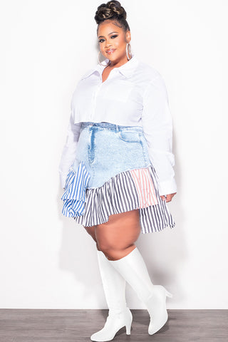 Final Sale Plus Size Splicing Skirt in Denim Multi Color Stripe Print