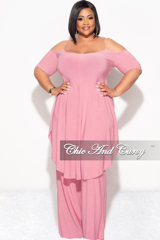 Final Sale Plus Size 2pc Cold Shoulder High low Top and Wide Leg Pants in Pink