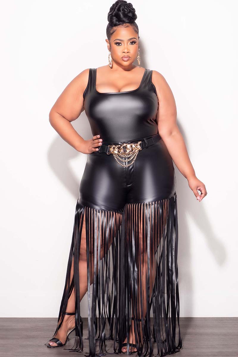 Final Sale Plus Size Faux Leather Fringe Shorts in Black