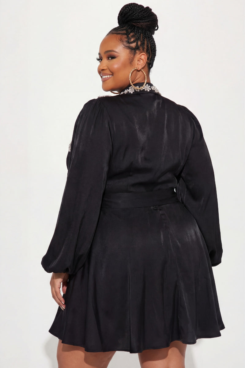 Final Sale Plus Size Rhinestone Embellished Mini Shirt Dress in Black - 1x 14/16 Final Sale Plus Size Rhinestone Embellished Mini Shirt Dress in Black - 1x 14/16