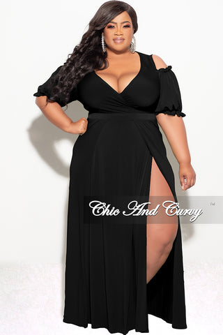 Final Sale Plus Size 2pc Faux Wrap Crop Tie Top And Double Slit Skirt Set in Black