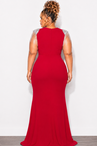 Final Sale Plus Size Deep V Rhinestone Fringe Shoulder With Maxi Dress in Red