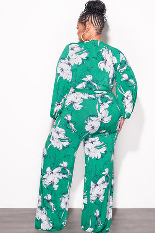 Final Sale Plus Size Faux Wrap Jumpsuit with Waist Tie in Green and White Floral Print