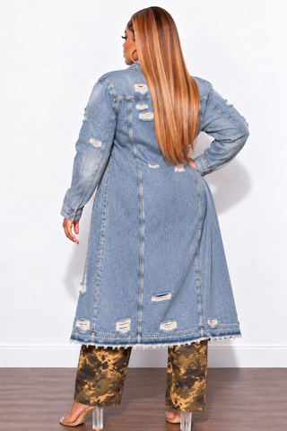 Final Sale Plus Size Distressed Duster Jacket in Medium Denim