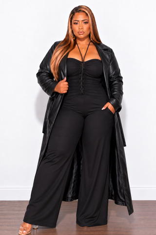 Final Sale Plus Size Vegan Leather Trench Coat with Tie in Black