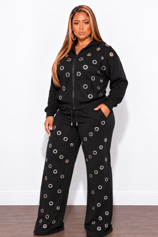 Final Sale Plus Size 2PC Set Jacket & Jogger Pants with Silver Grommets in Black (SET)