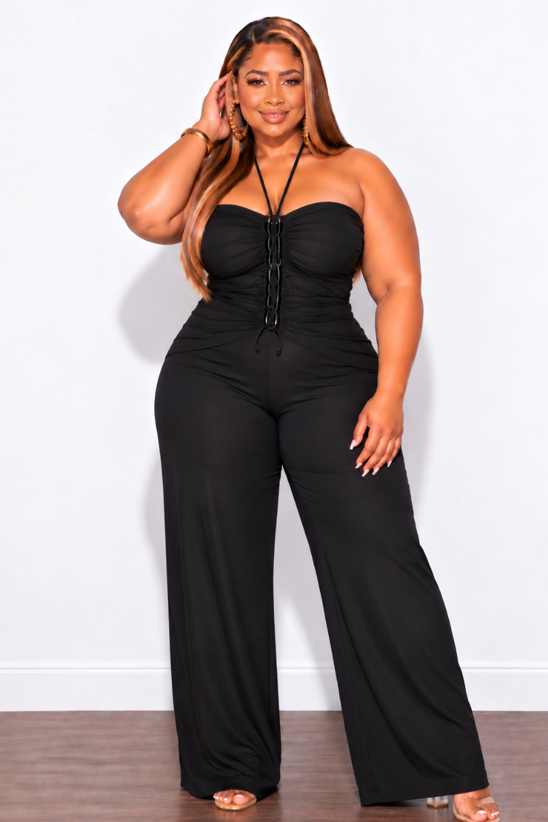 Final Sale Plus Size Halter Jumpsuit With Braided Tie in Black