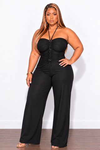 Final Sale Plus Size Halter Jumpsuit With Braided Tie in Black