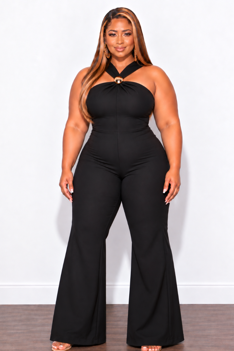 Final Sale Plus Size Halter Wide Leg Jumpsuit with Gold Accent in Black
