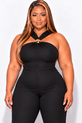 Final Sale Plus Size Halter Wide Leg Jumpsuit with Gold Accent in Black