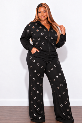 Final Sale Plus Size 2PC Set Jacket & Jogger Pants with Silver Grommets in Black (SET)