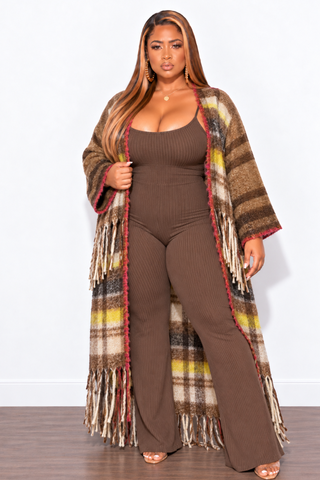 Final Sale Plus Size Knit Kimono Long Cardigan in Soft Yellow & Brown Multi-Color Print