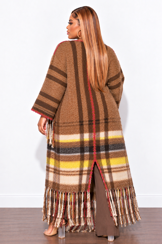 Final Sale Plus Size Knit Kimono Long Cardigan in Soft Yellow & Brown Multi-Color Print