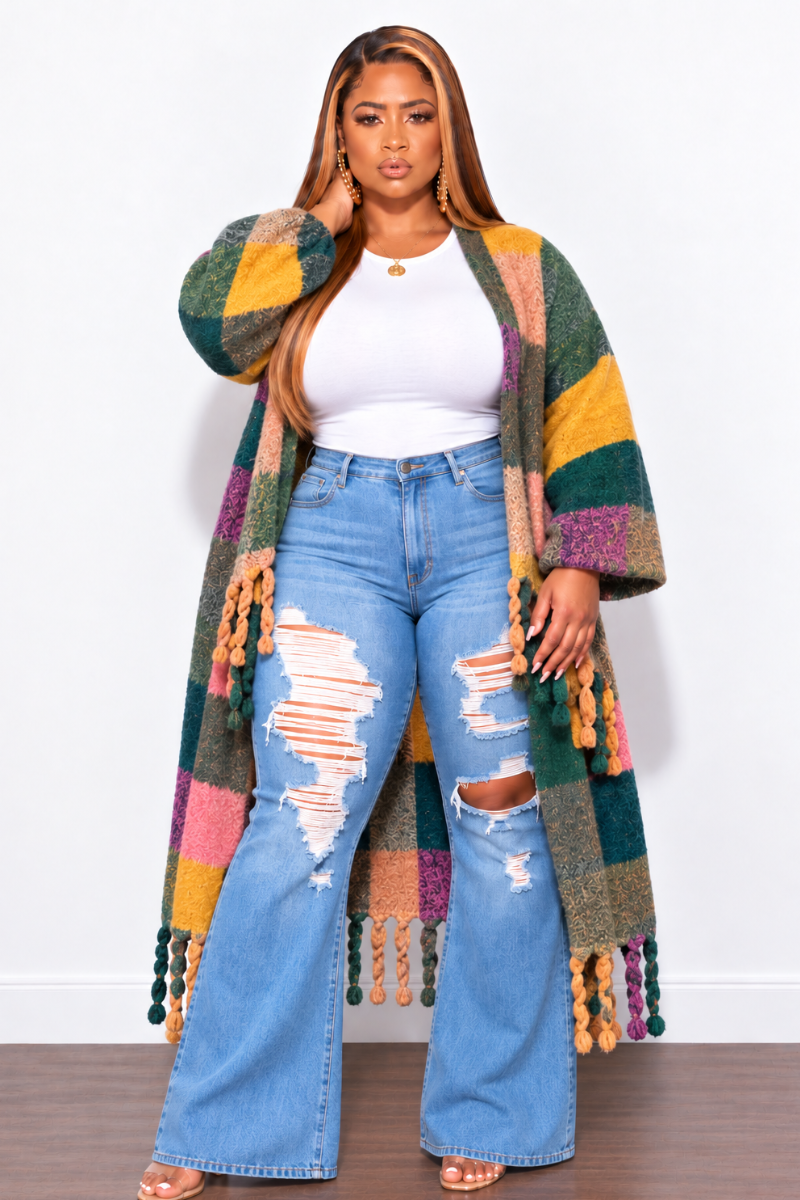 Final Sale Plus Size Knit Kimono Long Cardigan in Soft Pink & Navy Multi-Color Print