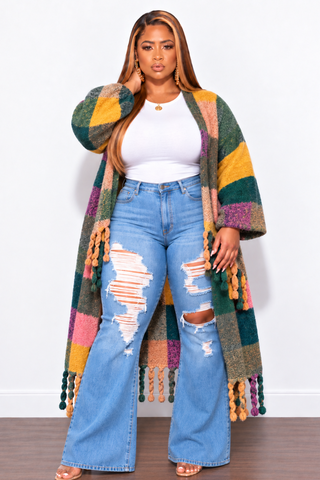 Final Sale Plus Size Knit Kimono Long Cardigan in Soft Pink & Navy Multi-Color Print