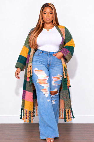 Final Sale Plus Size Knit Kimono Long Cardigan in Soft Pink & Navy Multi-Color Print
