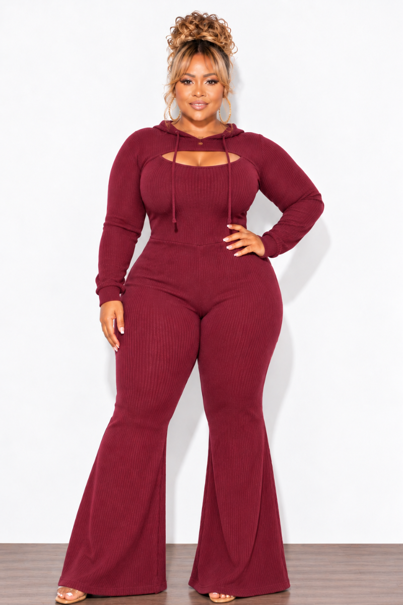 Final Sale Plus Size 2pc Ribbed Tank Jumpsuit with Pull Over Top in Burgundy