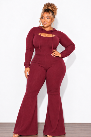 Final Sale Plus Size 2pc Ribbed Tank Jumpsuit with Pull Over Top in Burgundy