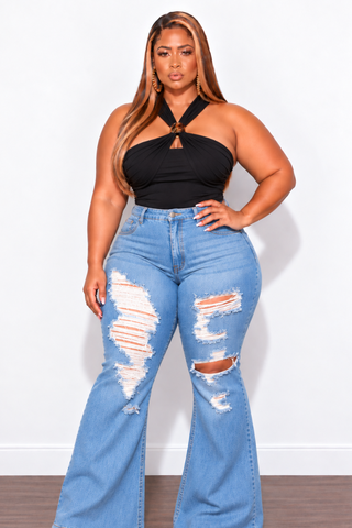 Final Sale Plus Size Y Neck Ruched Top in Black with Gold Accent