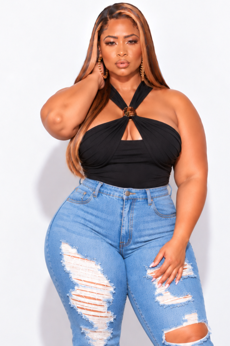 Final Sale Plus Size Y Neck Ruched Top in Black with Gold Accent