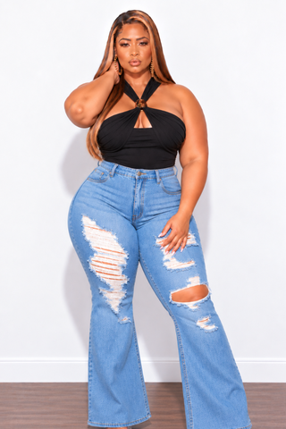 Final Sale Plus Size Y Neck Ruched Top in Black with Gold Accent