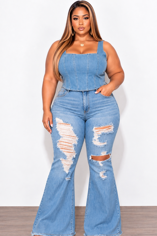 Final Sale Plus Size Sleeveless Crop Top with Shirred Back in Denim